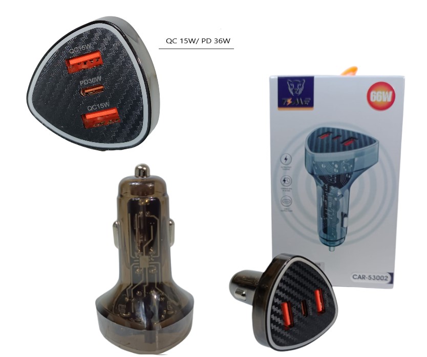 CARGADOR DE AUTO TRANSPARENTE CARGA RAPIDA PD 66W